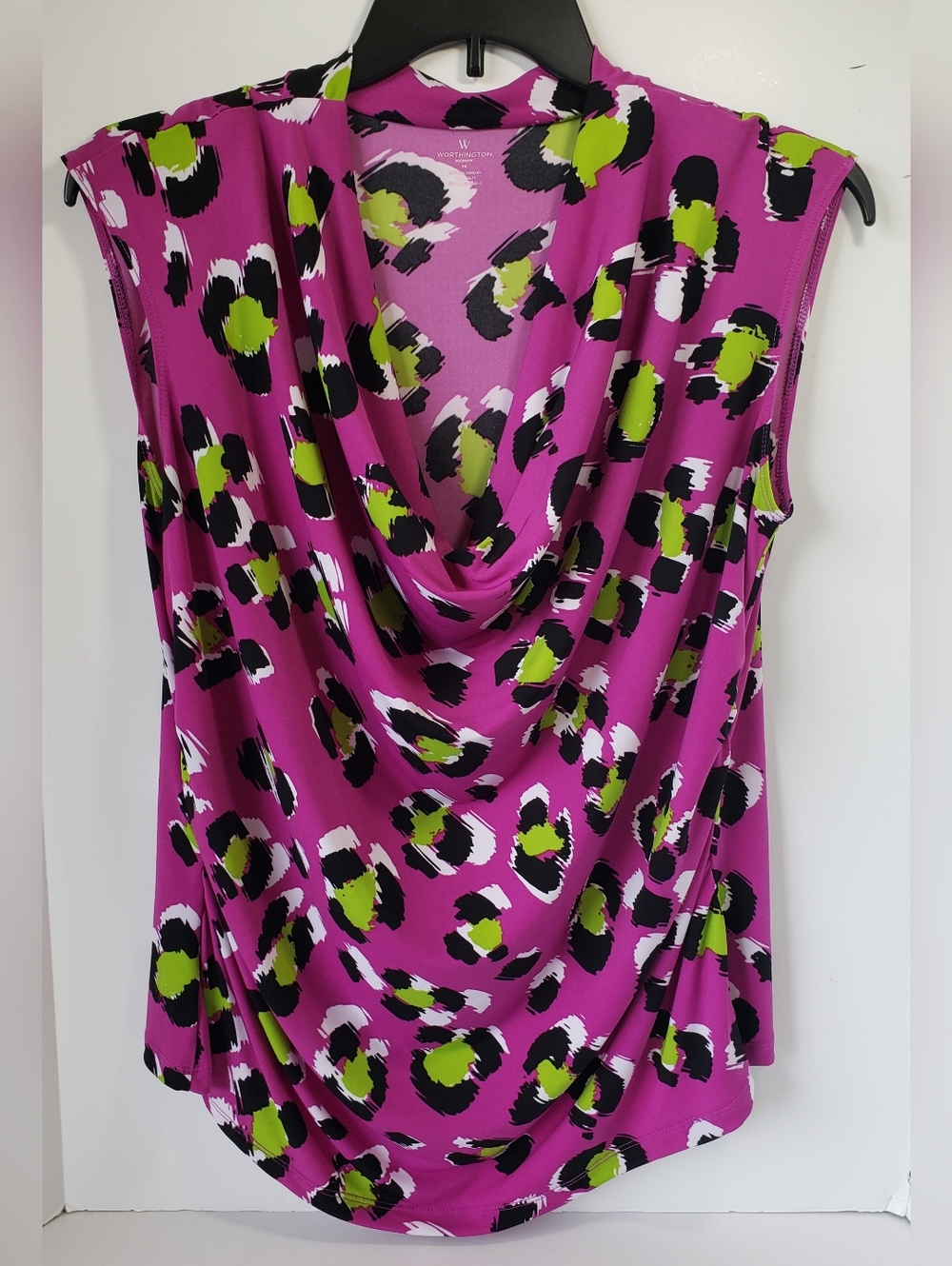 Worthington Women’s Cowl Neck Sleeveless Top in Magenta Leopard Print Size 1X